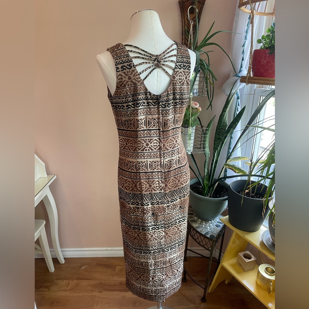 Vintage 90s Earthy Boho Chic Aztec Print Midi Sheath Dress, Size Small - Picture 2 of 13
